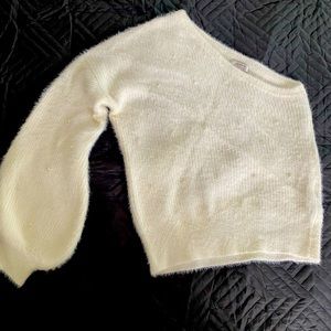 Winter white one sleeve sweater with pearl accents